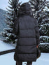 Damenjacke mit Bogen-Print lang bequem Kapuze und Stehkragen – für Herbst und Winter